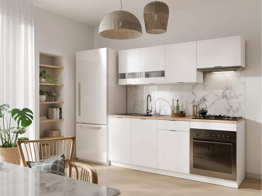Cuisine complète - Avec plan de travail 200 cm - Blanc et Naturel - CARMEO