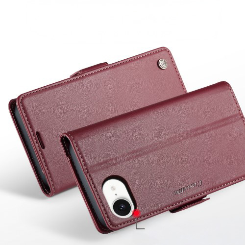 iPhone 16e Leder Tasche Flip Wallet Etui mit Kartenfächern Litchi Look (RFID Schutz) - Rot