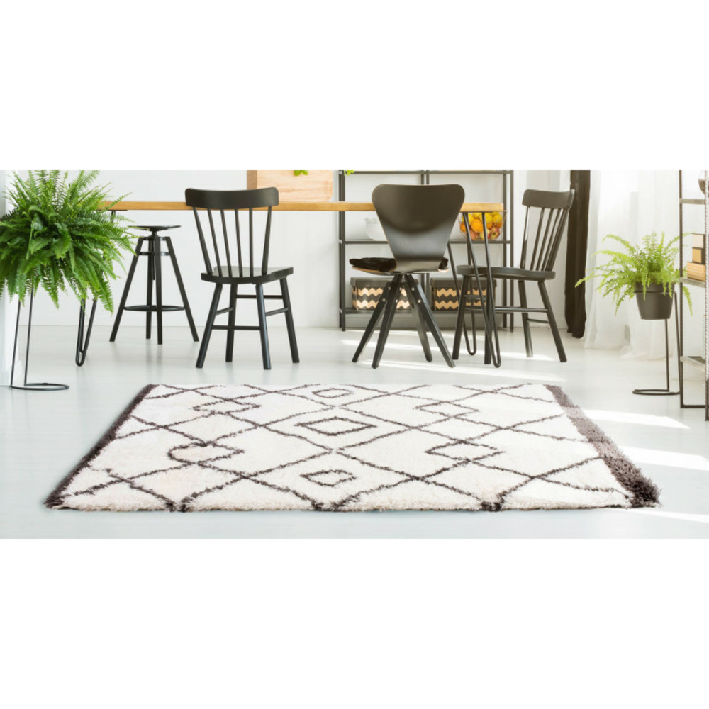 Tapis salon chambre shaggy poils longs motifs diamant scandinave gris et blanc 150x200cm- décoration- mobilier d'intérieur