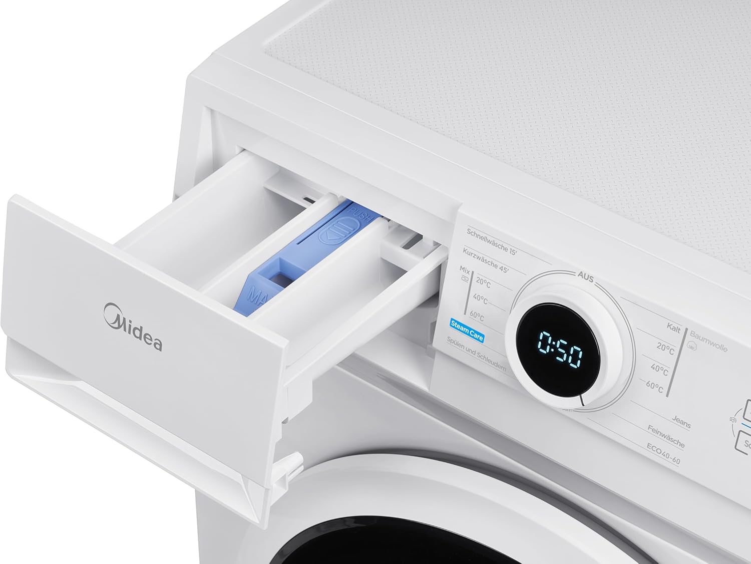 Midea MF10EW70B Waschmaschine / 7kg / 1400 U/Min/EEK A/Inverter Quattro Motor/Dampffunktion/Grosse Trommel/Nachlegefunktion/Kindersicherung/AquaStop, Weiß