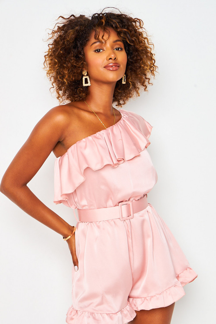 Combishort bustier rose clair satiné ceinturée