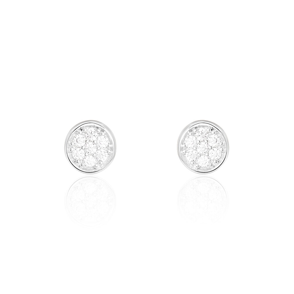 Boucles D'oreilles Puces Pastille Serti Clos Or Blanc Oxyde