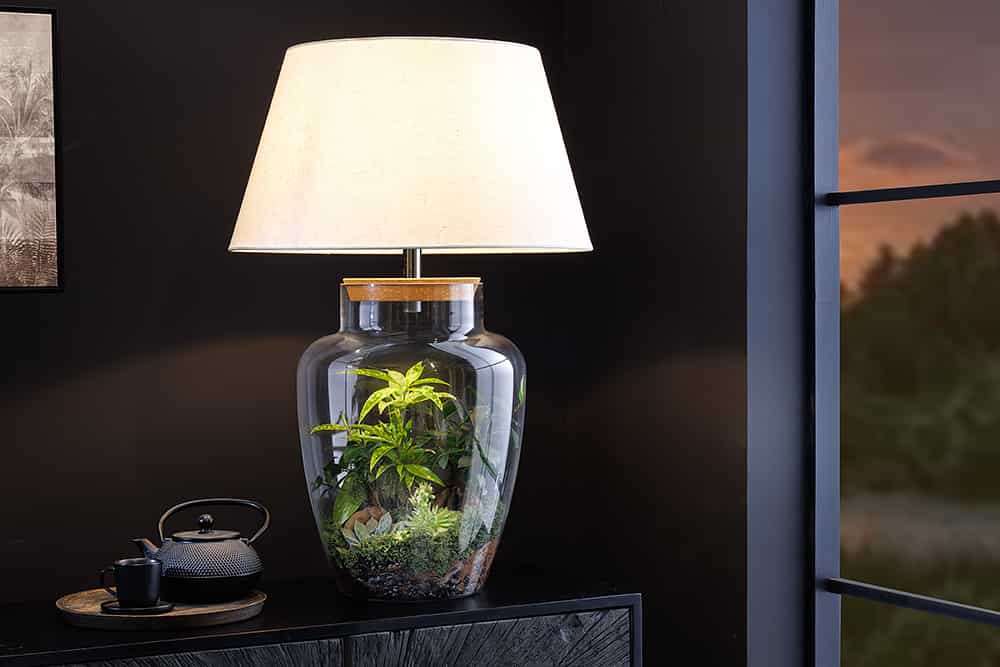 Befüllbare Tischlampe CLASSICO 75cm weiß transparent Glas mit Leinenschirm