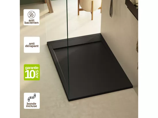 Receveur de Douche Extraplat MAGNUS Noir 100x80x3cm - Texture Ardoise 75% Minéral, Antidérapant, Antibactérien, LAVABERG