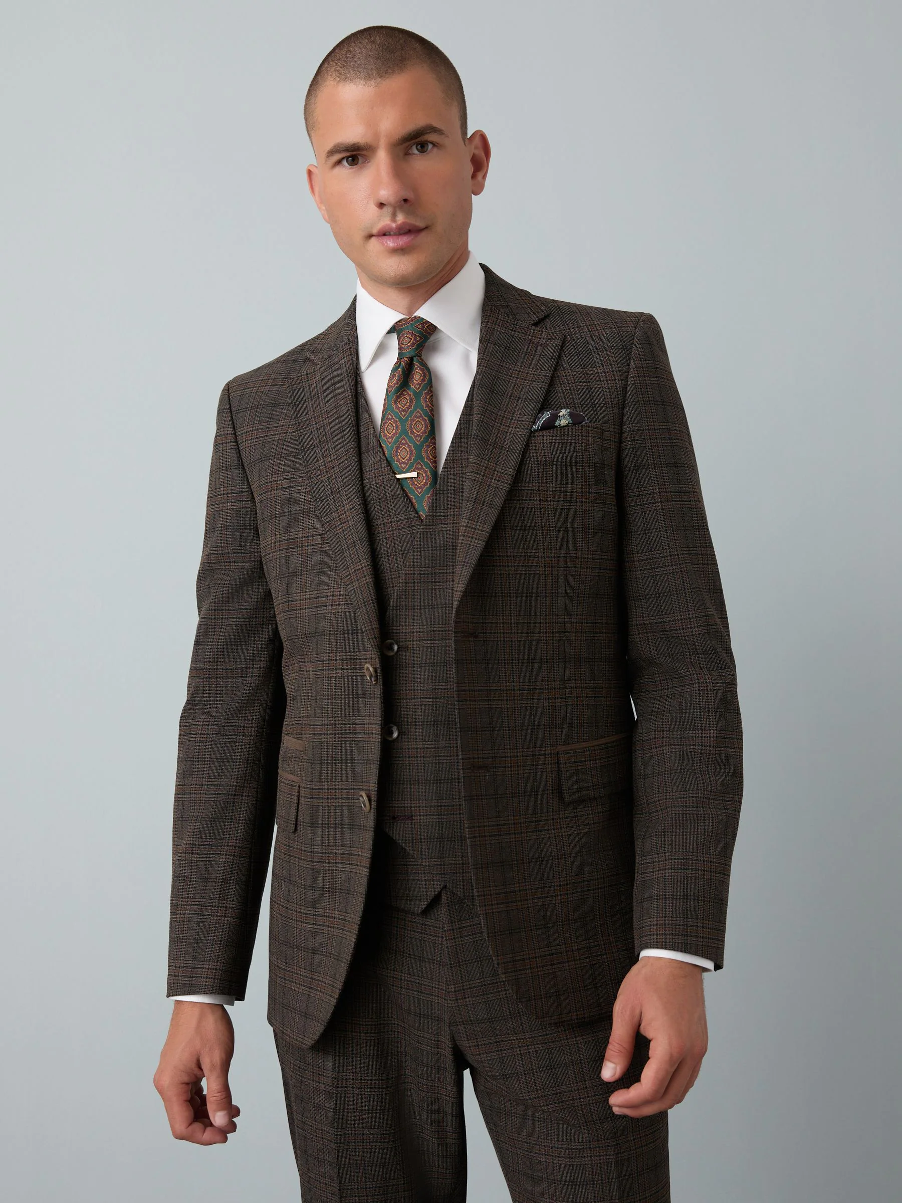 Bruin - Slim-fit maatgesneden pak met ruiten: colbert