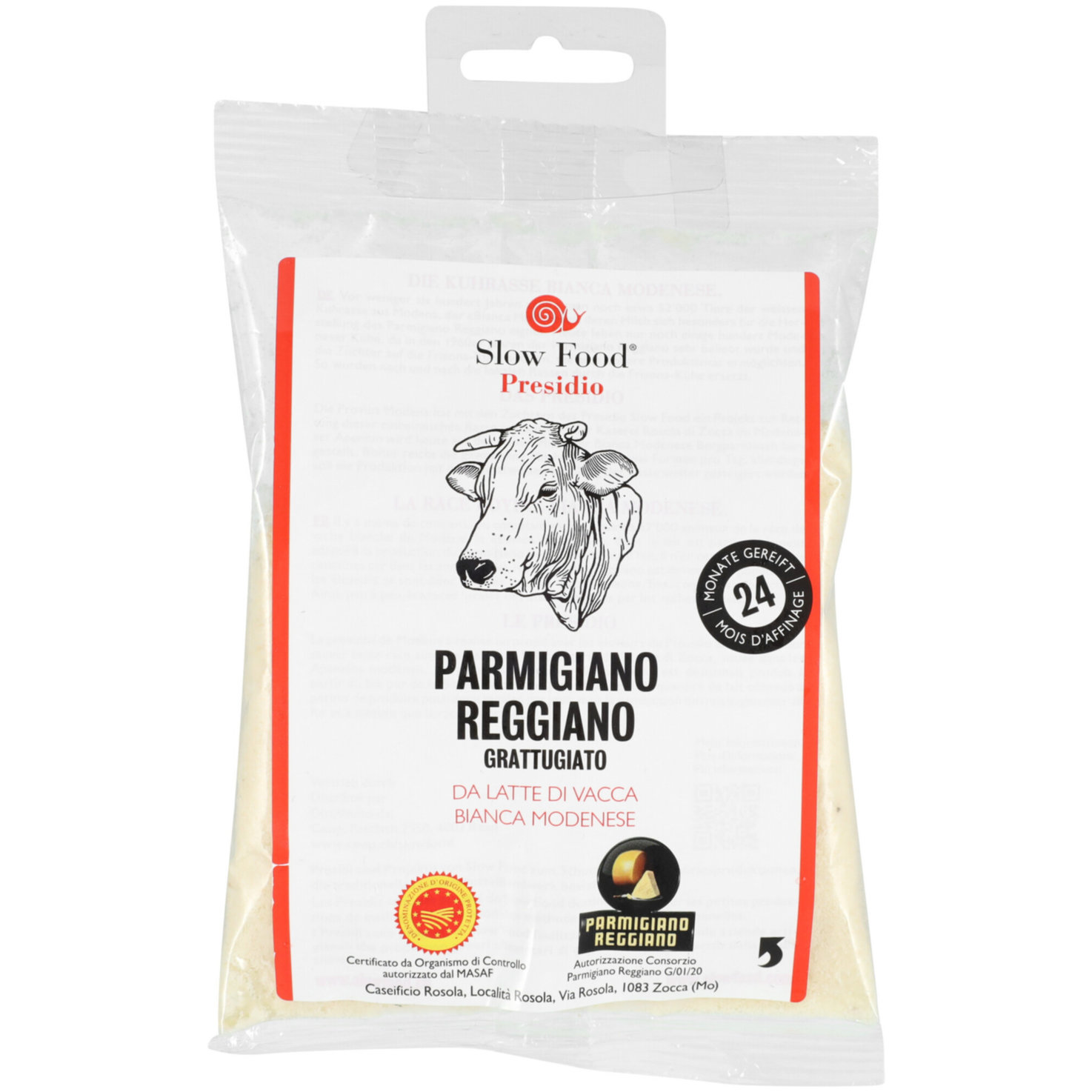 Slow Food Presidio Parmigiano Reggiano da latte di Vacca Bianca gerieben -