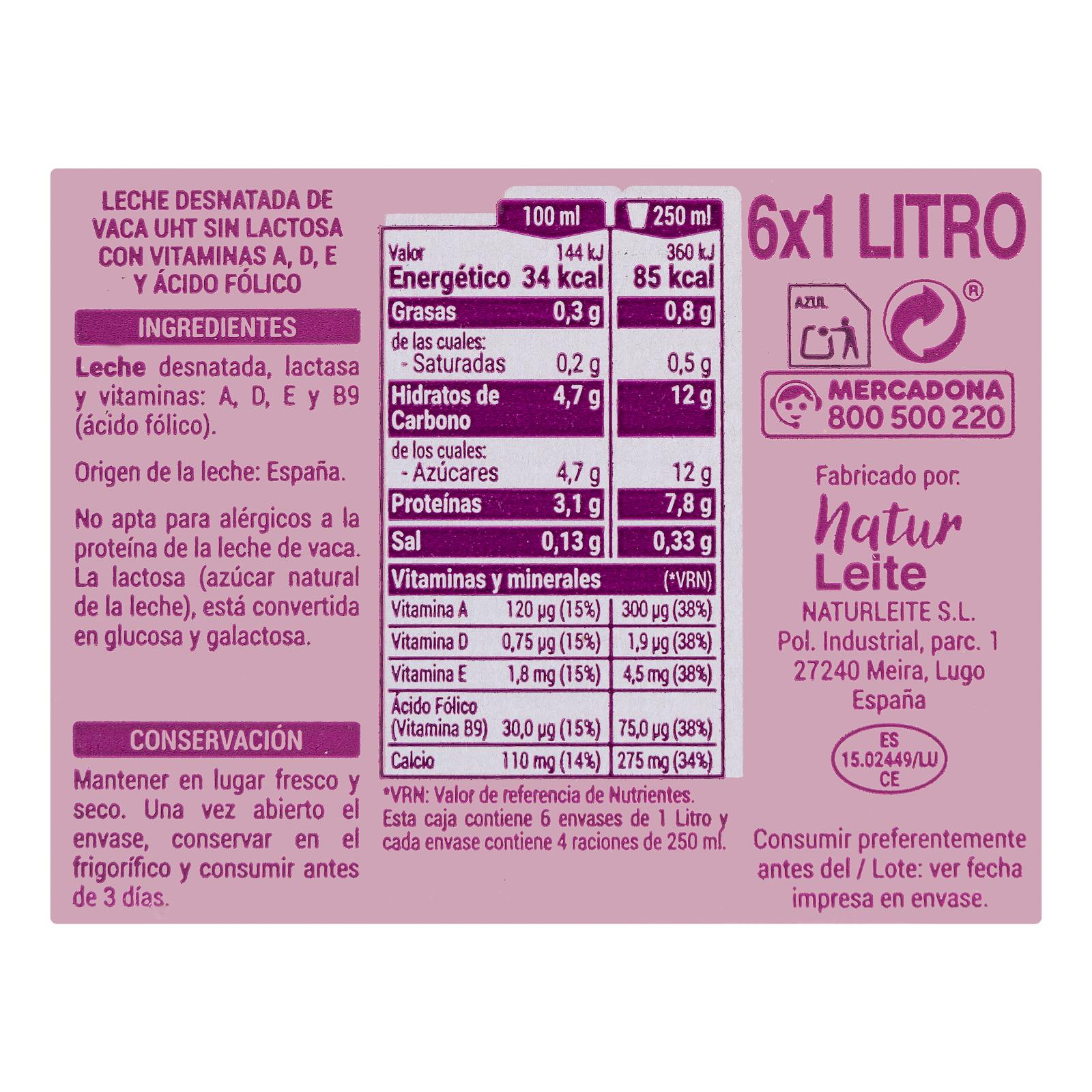 Lait écrémé sans lactose Hacendado