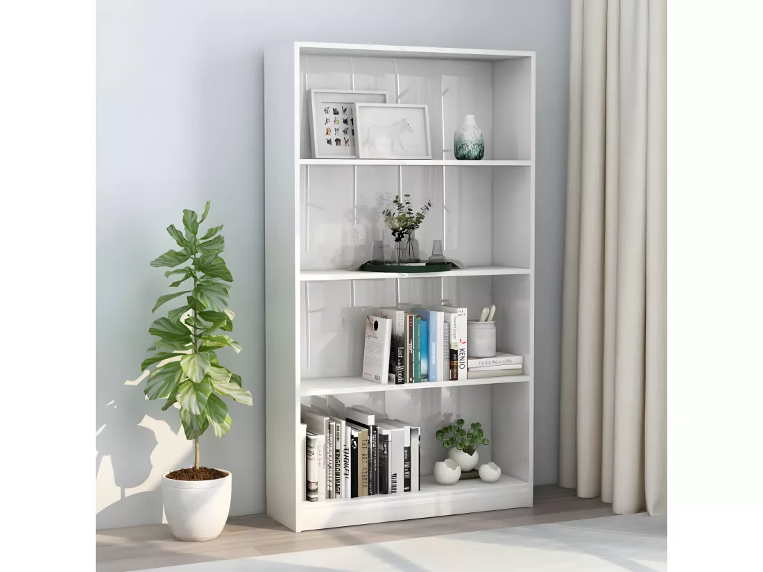 Bibliothèque à 4 niveaux Blanc brillant 80x24x142 cm Aggloméré