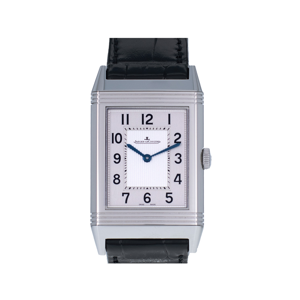 Montre d'occasion Jaeger Lecoultre Reverso homme mécanique acier bracelet cuir noir
