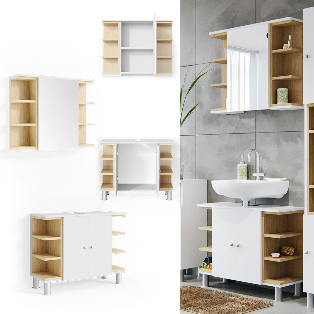 Vicco Badmöbel Set AQUIS Weiß Eiche Spiegel Waschtisch Unterschrank Badezimmer
