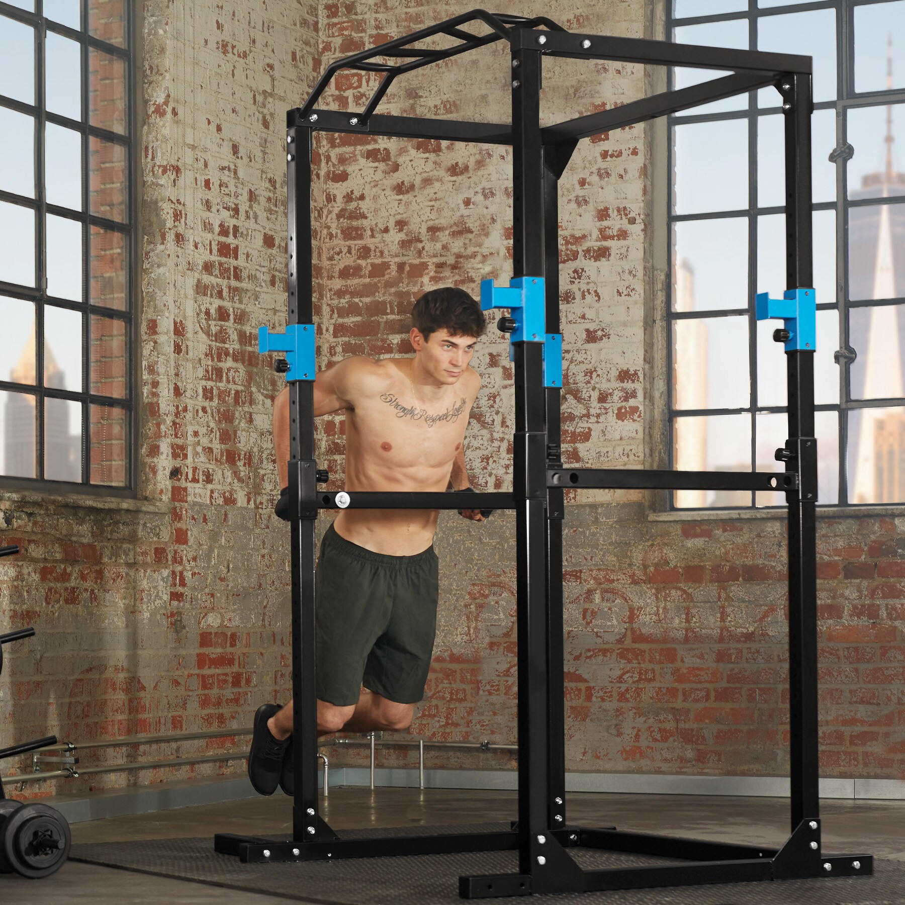 tectake® Power Rack, Klimmzug-Doppelstange, höhenverstellbare Langhantelablagen und Sicherheitsstreben, 120 x 142,5 x 215 cm