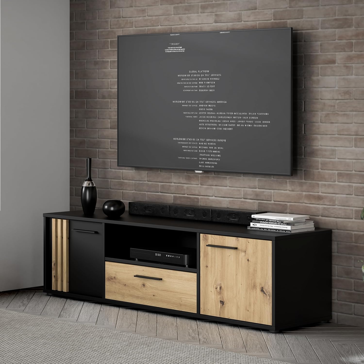 Forte Cardigan TV-Schrank 160, modernes Lowboard, 2-türig, 1 Schublade, Wohnzimmer, Holzwerkstoff, Artisan Eiche Holzdekor|Schwarz, 162,6 cm breit x 43,9 cm hoch x 41,5 cm tief TW4556385