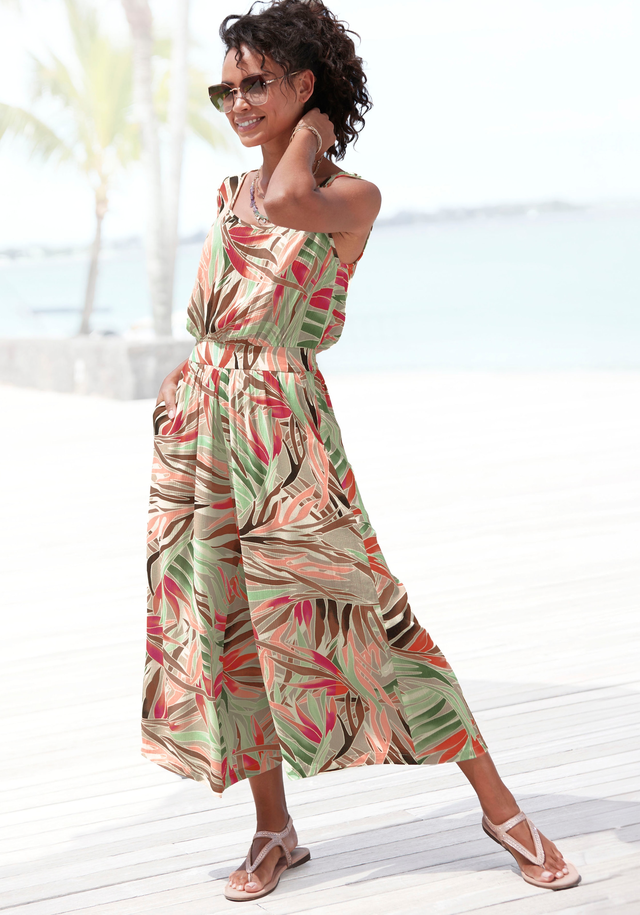 Vivance 7/8-Overall , aus gekreppter Viskose, Jumpsuit mit Alloverprint und weitem Bein
