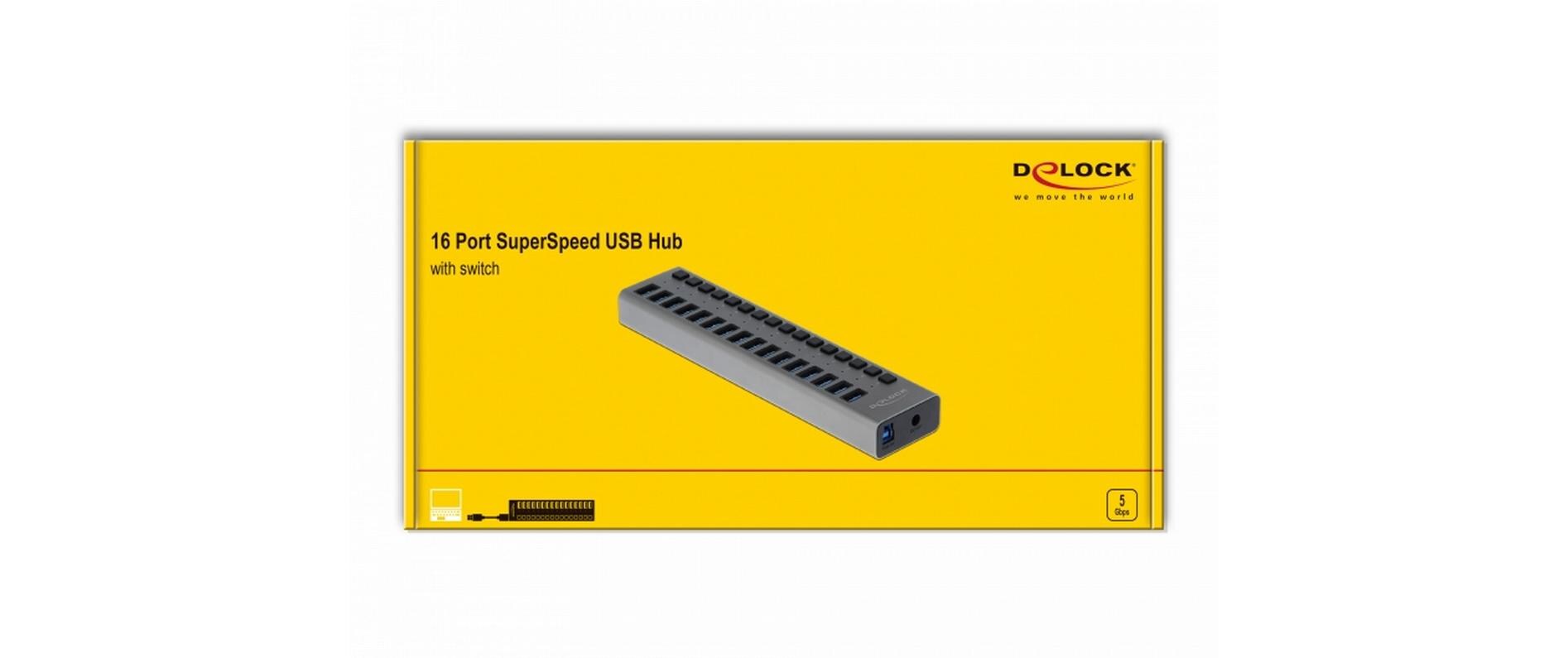 USB-Hub 16-Ports und Schalter<br>Stabiler USB Hub von Delock im Metallgehäuse