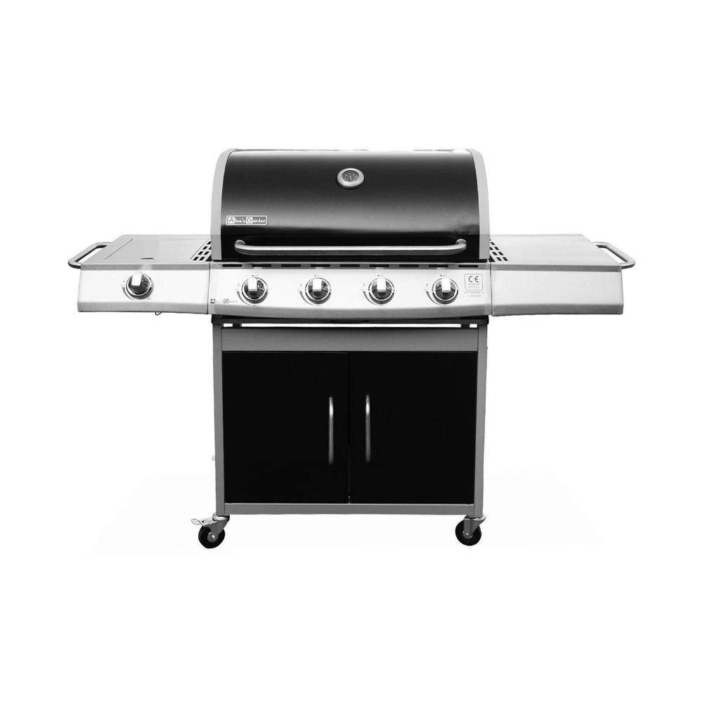 Barbecue gaz inox 17kw - richelieu noir - barbecue 5 brûleurs dont 1 feu latéral. Côté grill et côté plancha