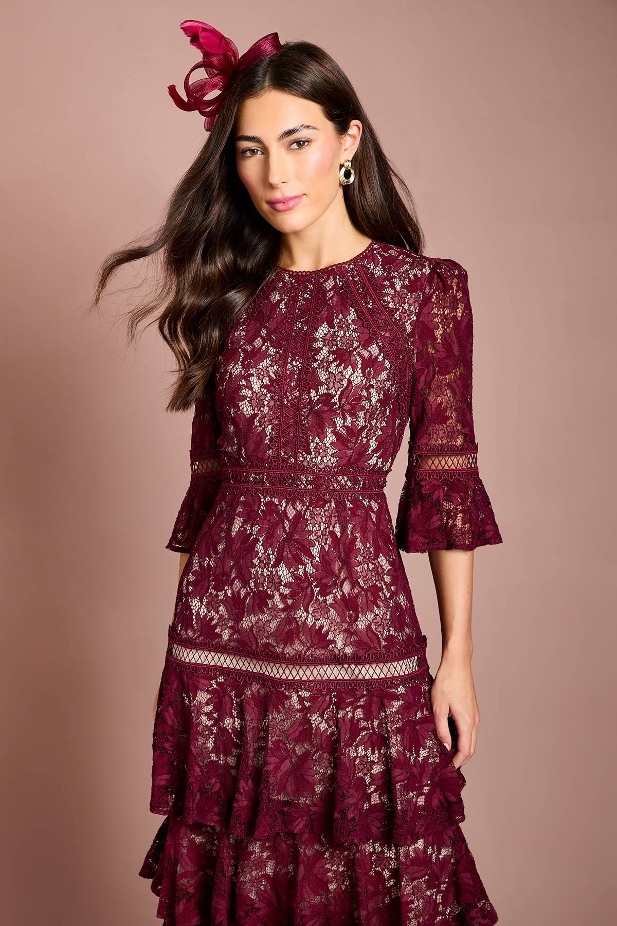 Coast Robe Midi À Manches 3/4 Avec Jupe En Dentelle À Volants Étagés