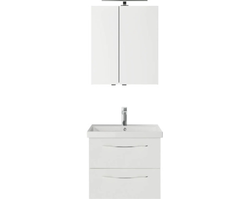 Pelipal Serie 4035 badkamermeubelset, BxHxD 60 x 200 x 45 cm, witte fronten. 3-delige badkamermeubelset bestaande uit een witte keramische wastafel, badmeubel en spiegelkast met LED-verlichting.
