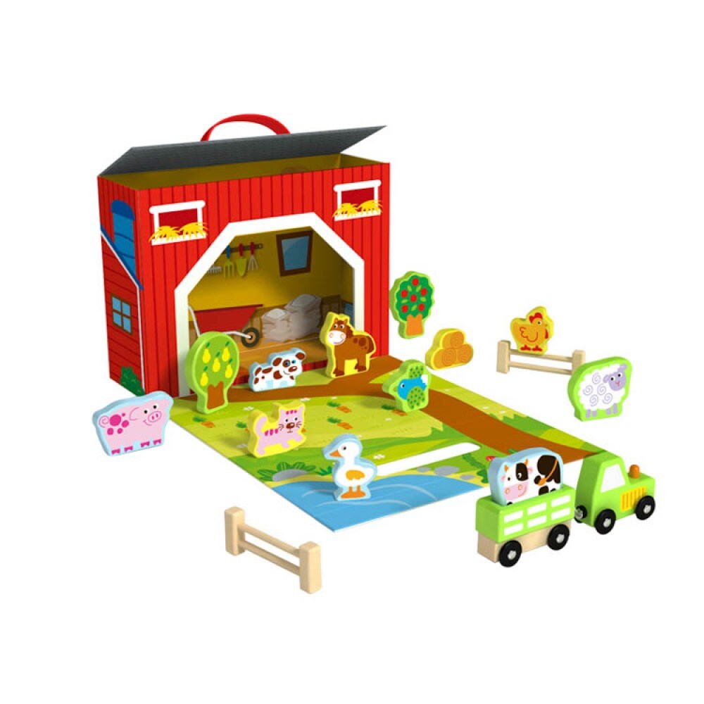 Tooky Toy Holz-Bauernhof Set TY201 tragbar 17-teilig Holzfiguren Scheune Zaun rot