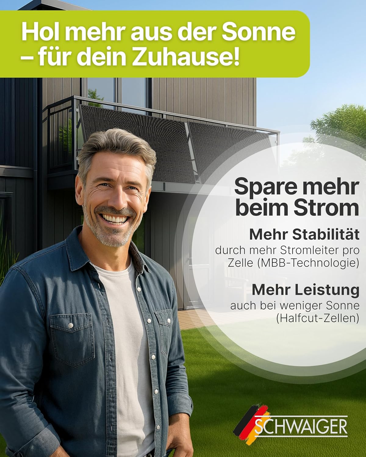 SCHWAIGER Balkonkraftwerk 2er Set mit Full Black Solarpanels 1000Wp I 2×500Wp Solarmodule inkl. Alu‑Ständer, 800W WiFi‑Wechselrichter & 5m Kabel I Plug & Play Solaranlage für Balkon & Garten
