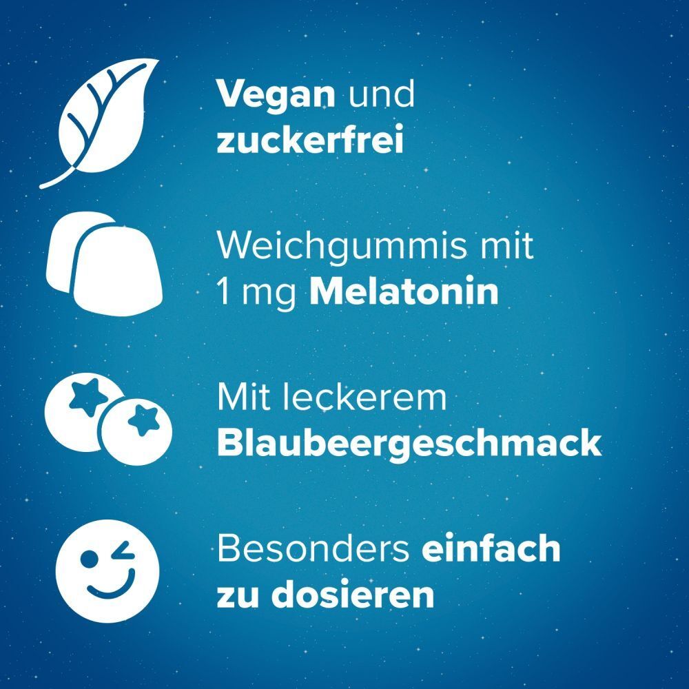Hoggar® Melatonin Gummies: Angenehm schneller einschlafen. Weichgummis mit Blaubeergeschmack.1 mg Melatonin, Vitamin B6, Baldrian-, Lavendel- und Kamillenextrakt.