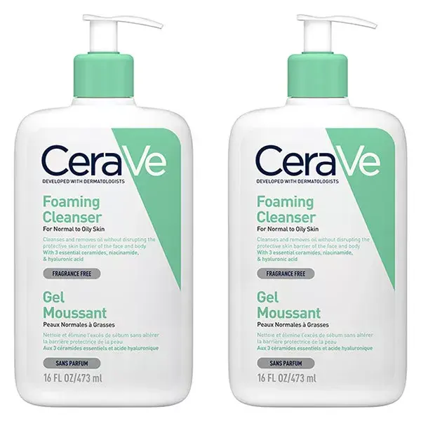 Gel de limpeza facial espumante CeraVe para pele normal a oleosa 2x473ml