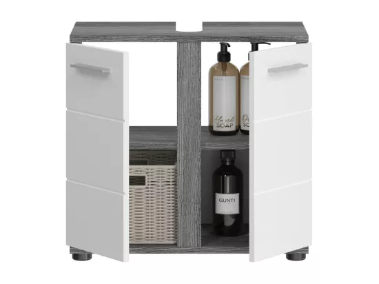 Meuble sous vasque WILLIAM – Gris foncé et blanc – 57x60x34 cm – 2 portes