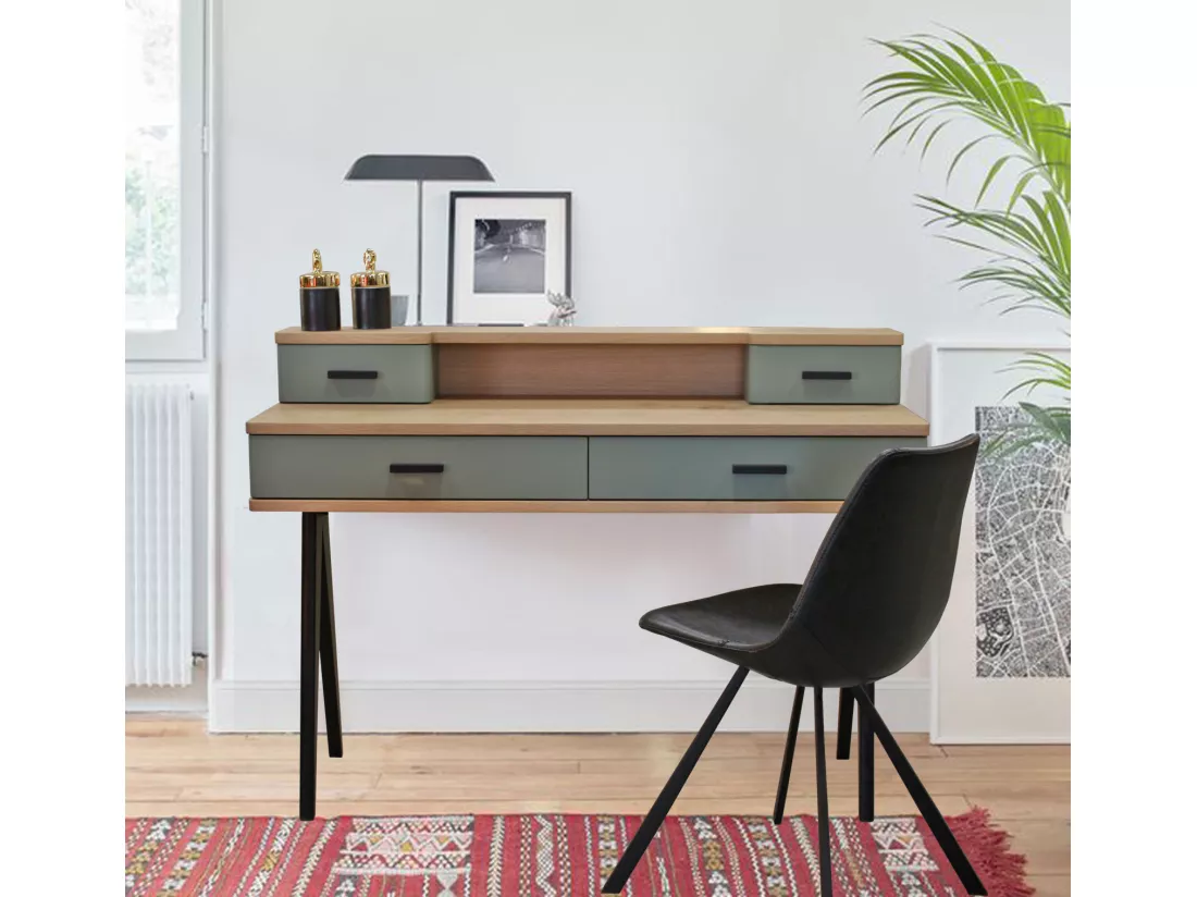 Bureau chêne blanchi massif et laqué, 4 tiroirs - 120L x 50P