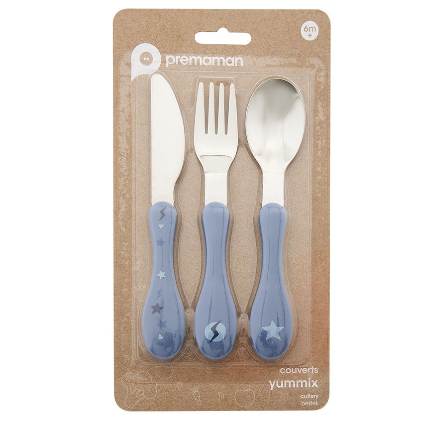 Set de 3 couverts en métal 2ème âge Yummix - Bleu - Ecru