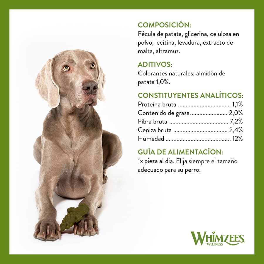Petiscos dentais Whimzees em formato de crocodilo para cães de porte médio.