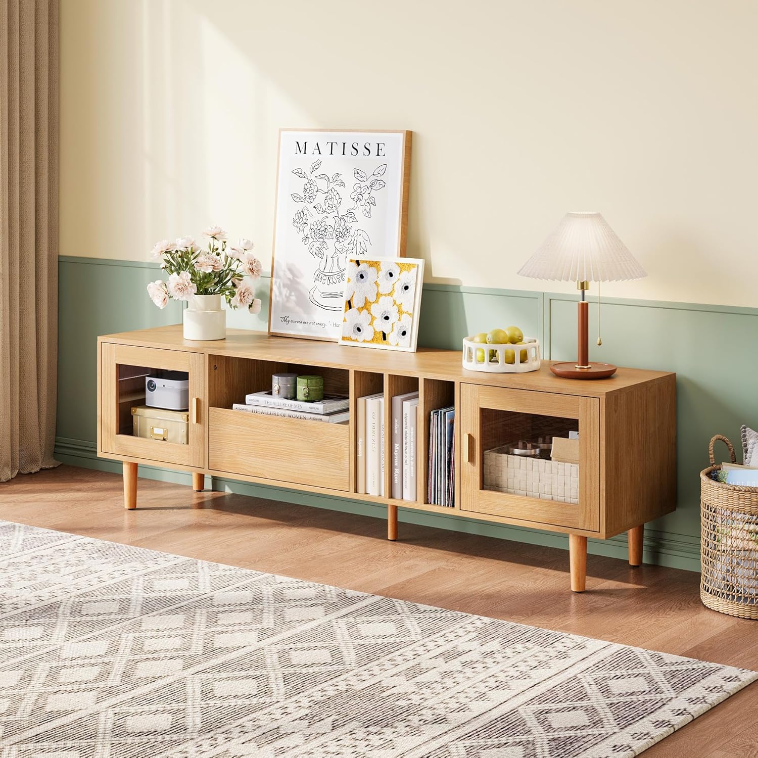 LINSY HOME TV Schrank, TV Lowboard mit 2 Türen und 1 Schubladen, Fernsehtisch mit Einlegeboden, Fernsehschrank für TVs bis 70 Zoll, 175 x 40 x 52 cm