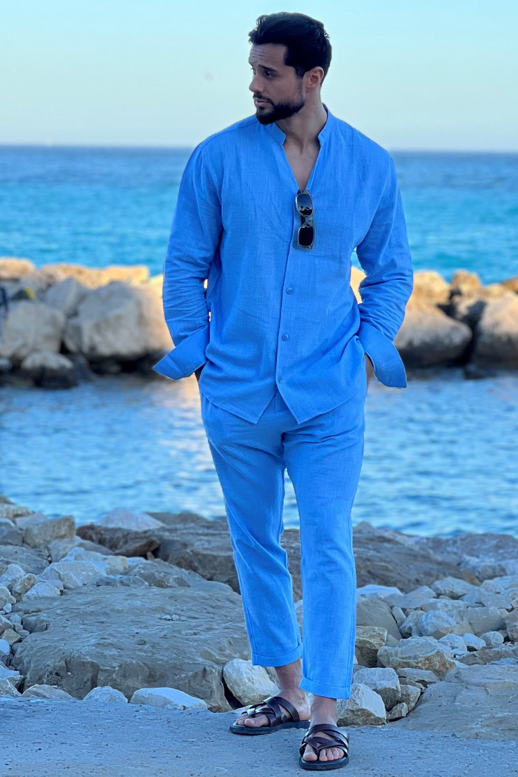 Ensemble 2 pièces chemise + pantalon effet lin bleu clair