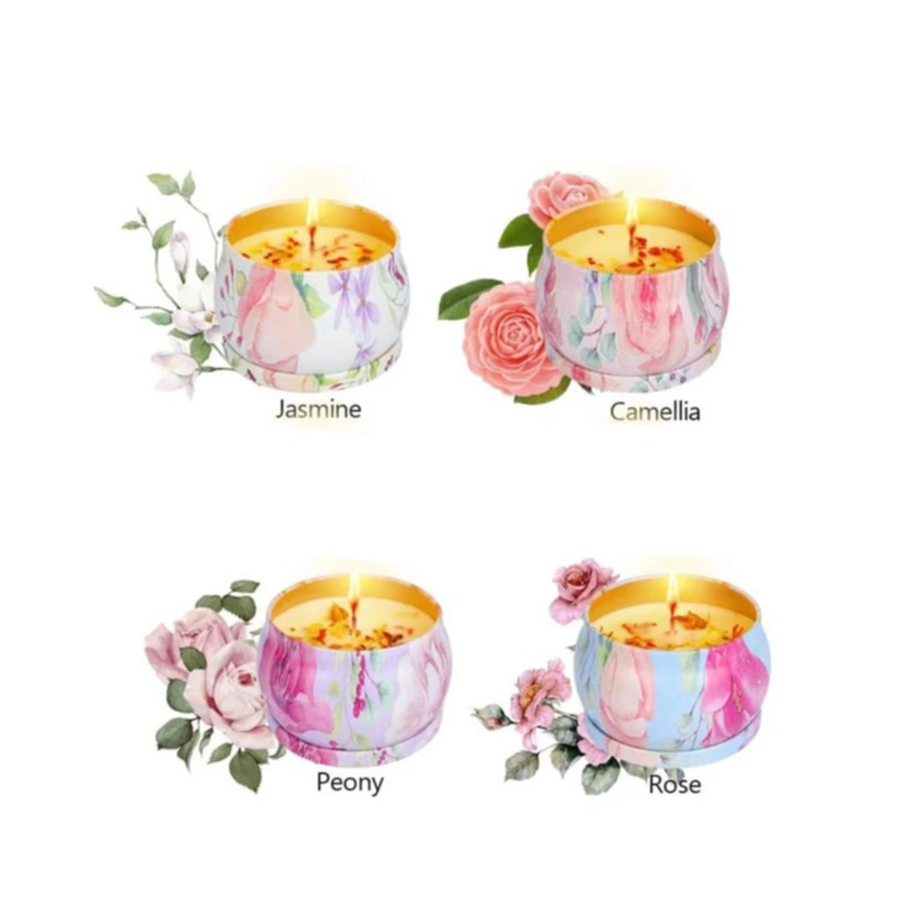 (4er Set) Duft Kerzen Aromatherapie Sojawachs Kerzen Geschenk Set im Floralen Design - Rose / Jasmin