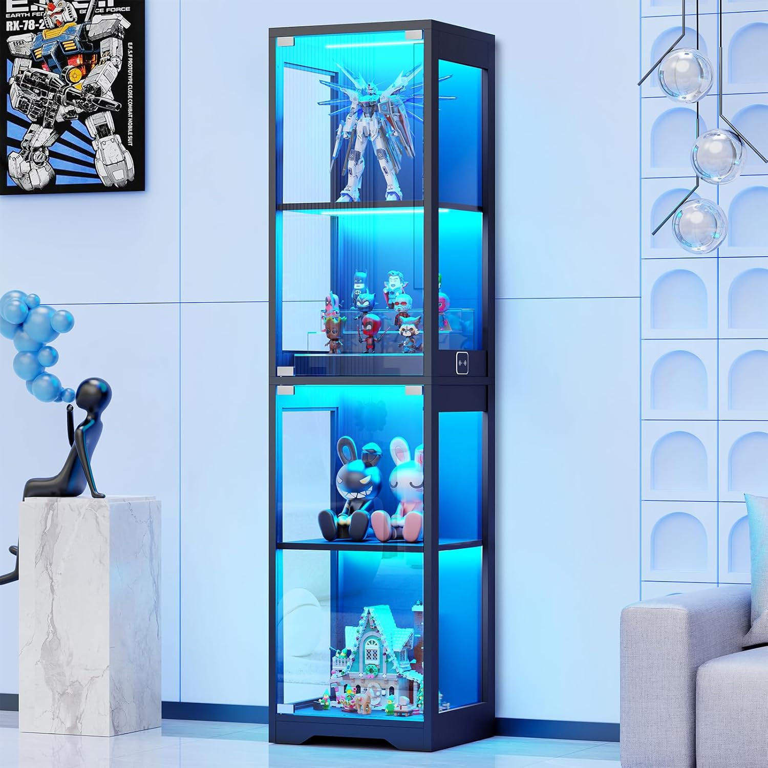 Glasvitrine mit Dreifarbig LED Beleuchtung und Glastüren, Glasvitrine Stehend mit Körpersensor-System, Sammlervitrine für Wohnzimmer, Büro, Bücher, Spielzimmer, Schwarz (40 x 35 x 160cm)