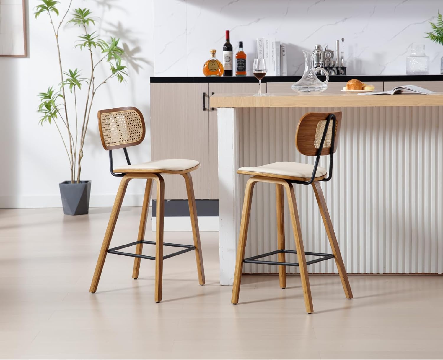 chairus 2er Set Rattan Barhocker für Küche Barstuhl Thekenhocker PU Leder Frühstück Hochhocker mit Holz Beinen für Esszimmer Wohnzimmer (Beige)