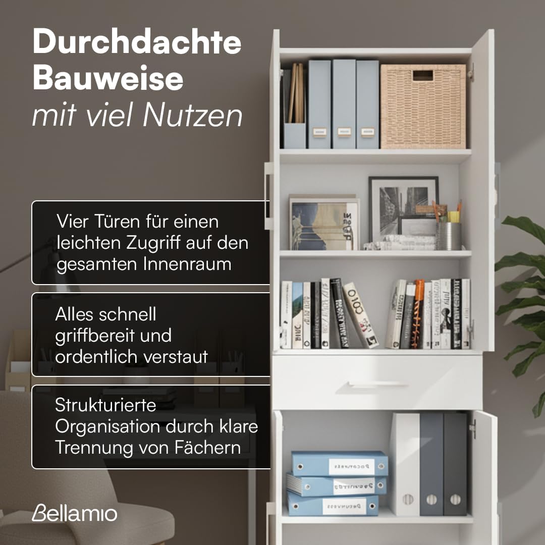 Bellamio Apol Mehrzweckschrank Weiß – Aktenschrank 60 cm breit – Hochschrank aus Holz – Aufbewahrungsschrank mit 5 Fächern & 1 Schublade – Büroschrank, Flurschrank, Allzweckschrank, Schuhschrank