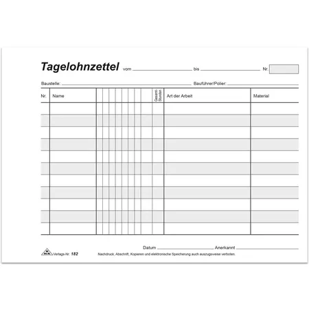 RNK Verlag Tagelohnzettel, A5 quer, Tagelohnzettel - Block - SD