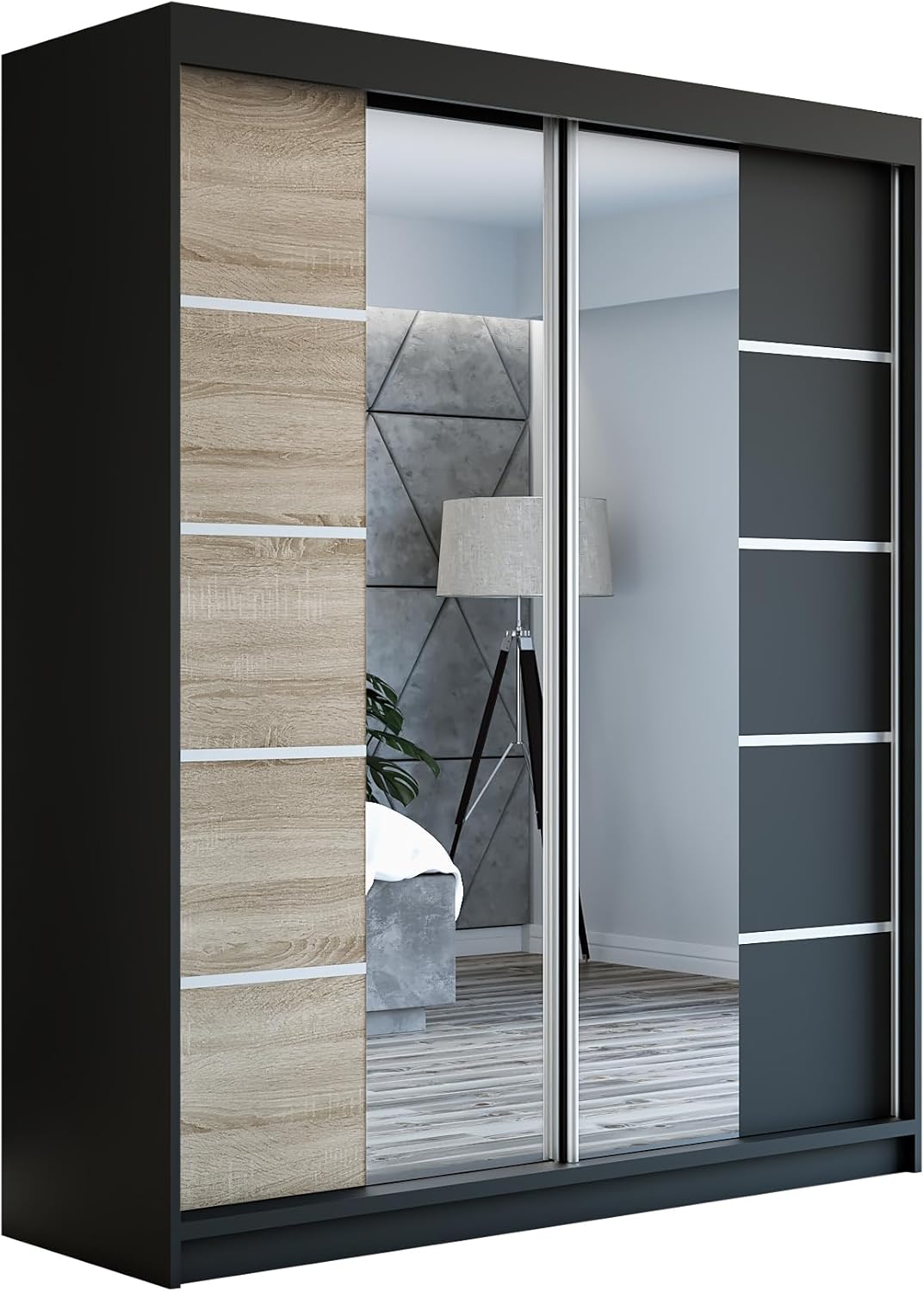 A&J MöbelLand Schwebetürenschrank ERA Kleiderschrank 2-türig mit Spiegel, Garderobe 160 cm (Schwarz/Sonoma/Schwarz)