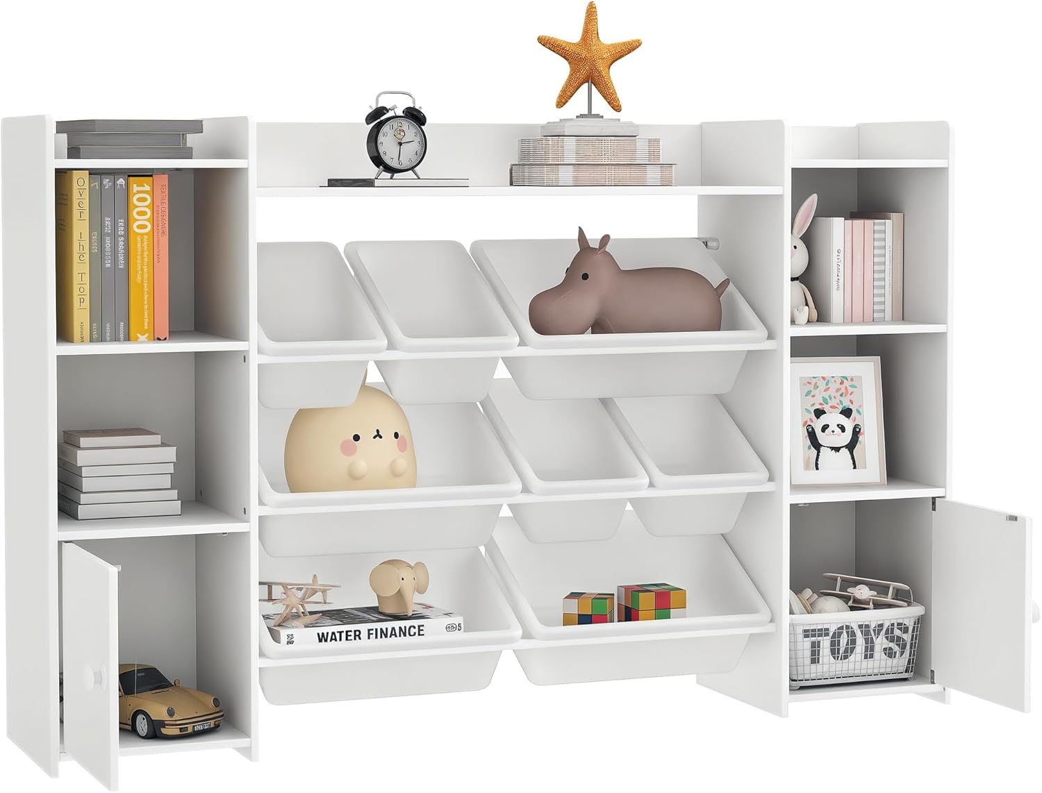 AIYAPLAY Kinderregal, Spielzeugregal Bücherregal mit 8 herausnehmbaren Aufbewahrungsboxen, 4 offenen Fächern, 2 Schrankfächer, für Kinderzimmer, Spielzimmer, Wohnzimmer, 140 x 30 x 90 cm, Weiß