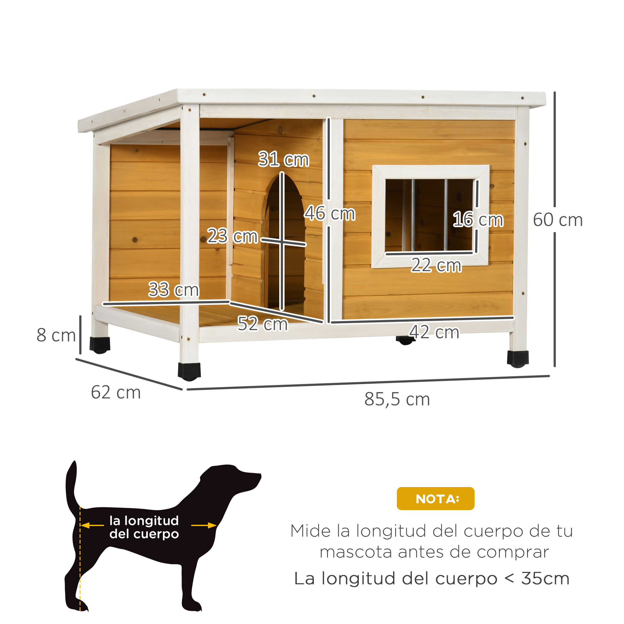 Casinha de madeira para cães PawHut, 85,5 x 62 x 60 cm, com telhado de asfalto impermeável e janela, para uso interno e externo, em material natural.