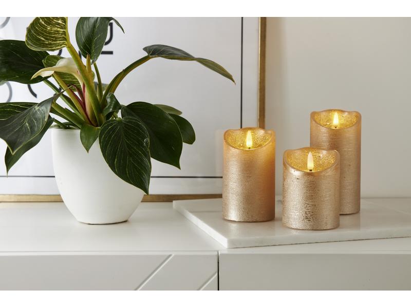 Star Trading LED-Kerze Flamme Rustic, Ø 7.5 x 15 cm, Gold LED-Echtwachskerze für Innenbereich mit Timer-Funktion