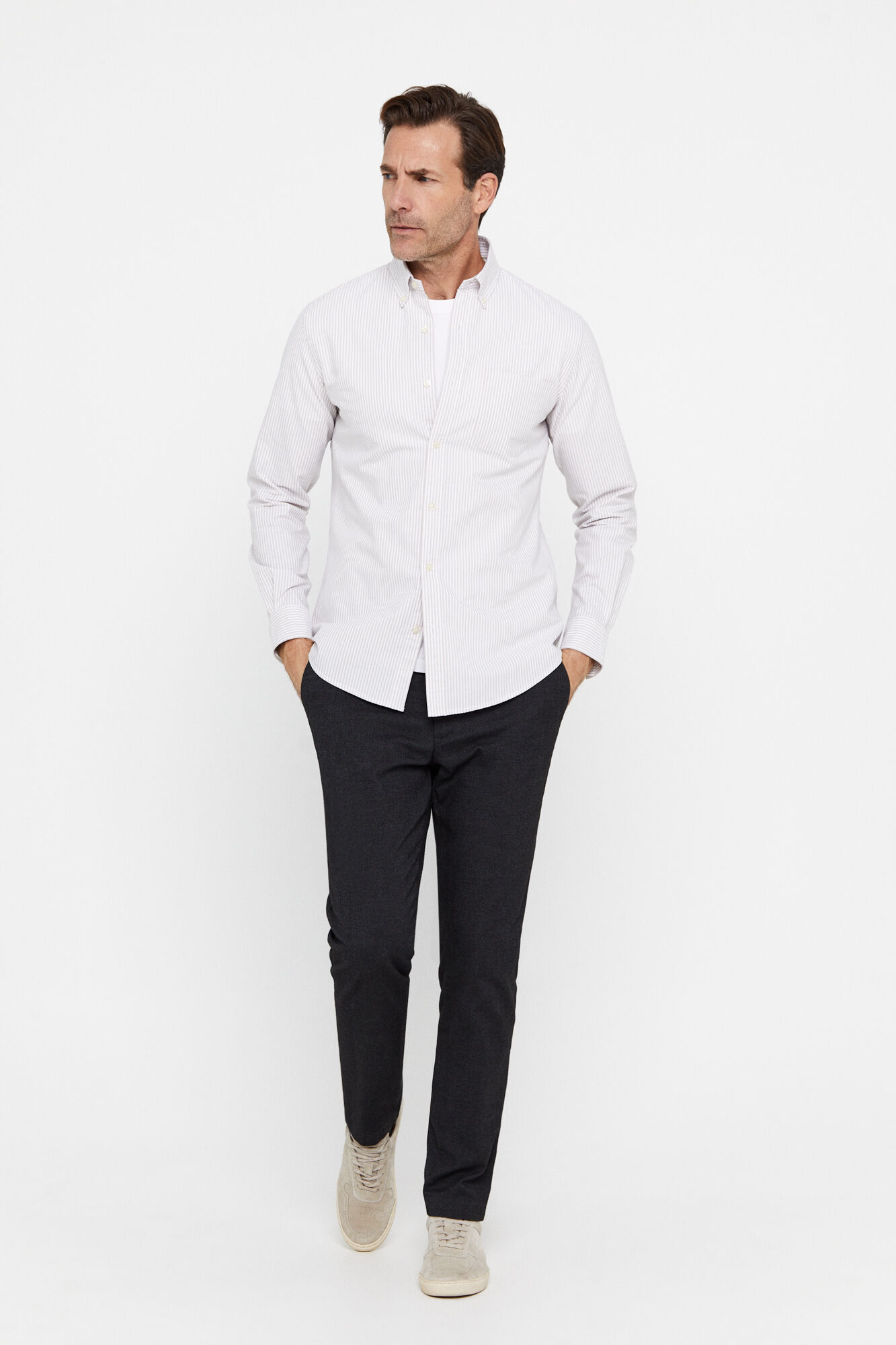 Camisa Oxford listrada - Bege