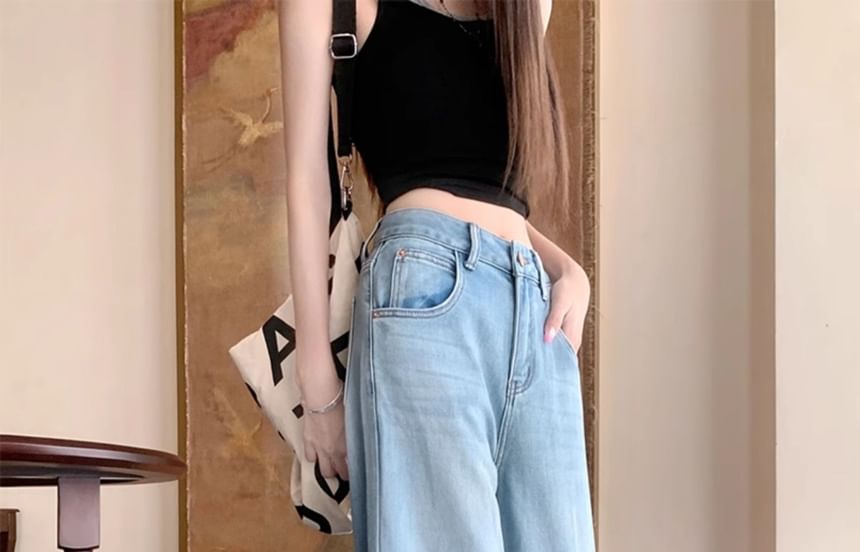 Wisjam - High Rise Washed Cropped Wide Leg Jeans
