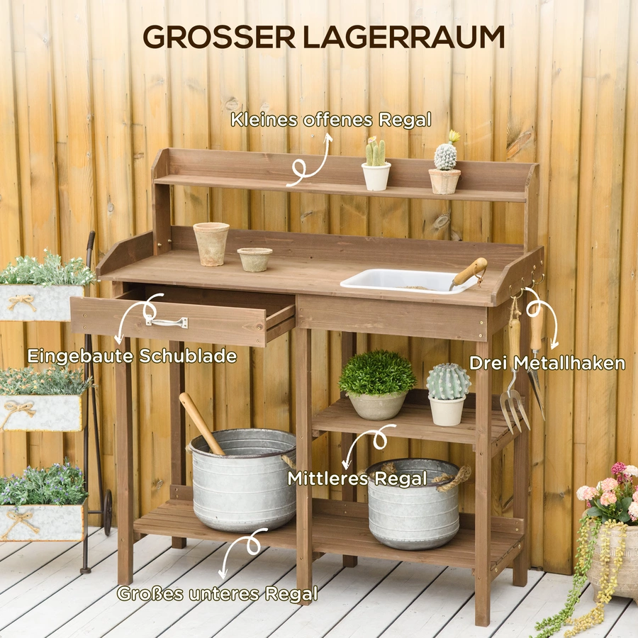 Outsunny Gärtnertisch mit Wanne braun