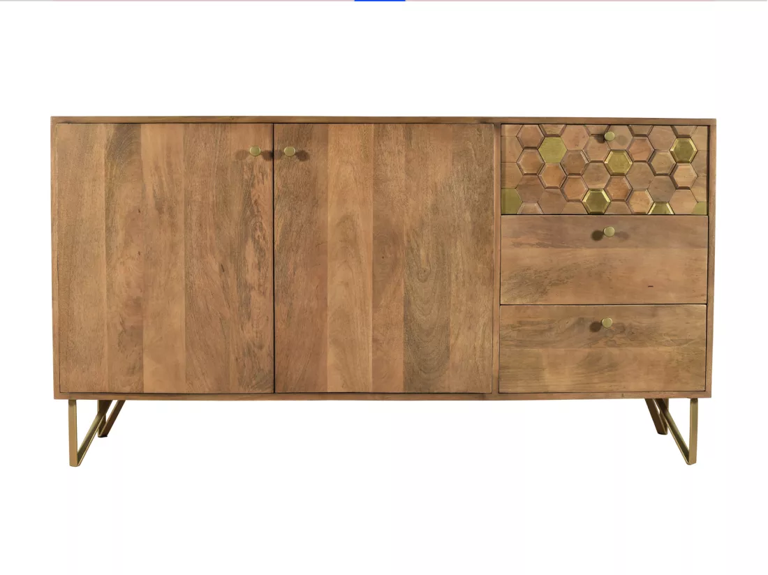 Buffet avec 2 portes et 3 tiroirs en bois de manguier et métal - Naturel foncé et Doré - BELORI