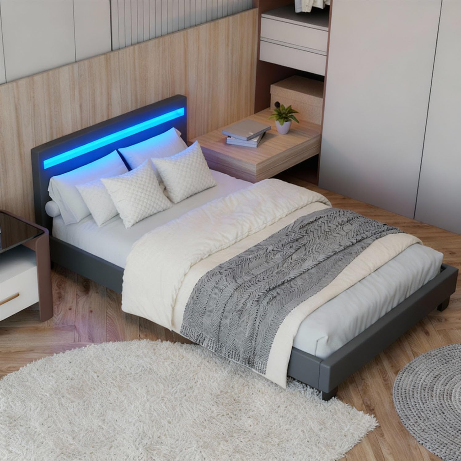 Juskys Polsterbett 120x200 cm – Bett Paris mit LED Beleuchtung, Lattenrost & Kopfteil, modernes Doppelbett aus Kunstleder & Holz – Grau