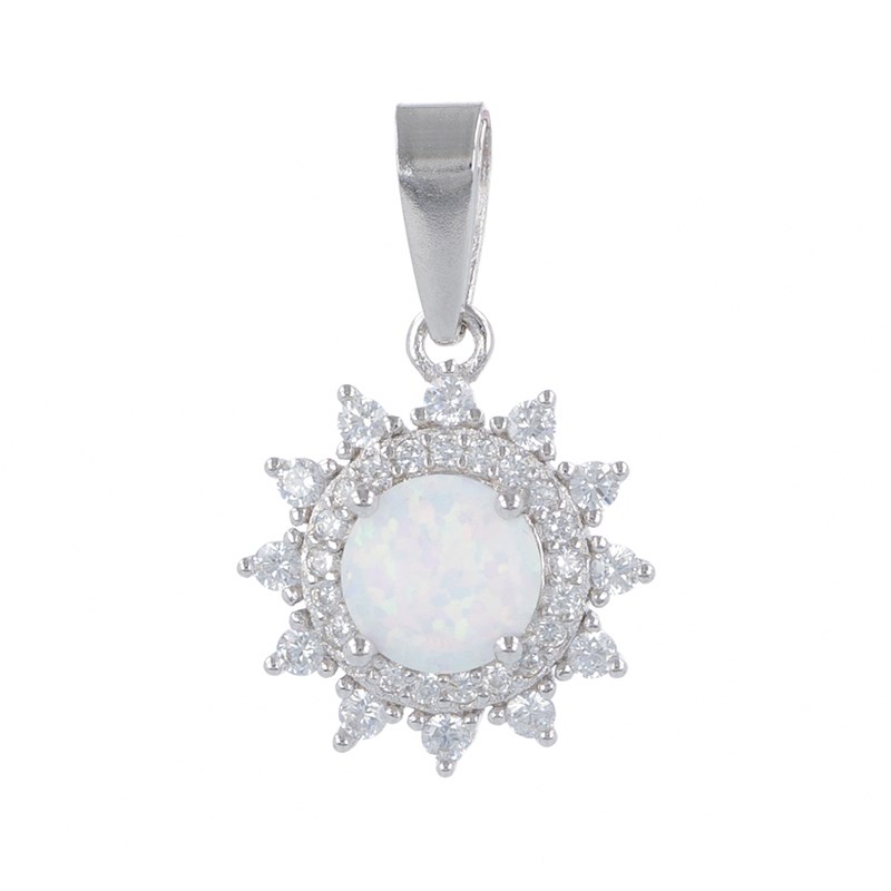 Pendentif argent rhodié Opale blanche imitation et cubic zirconia