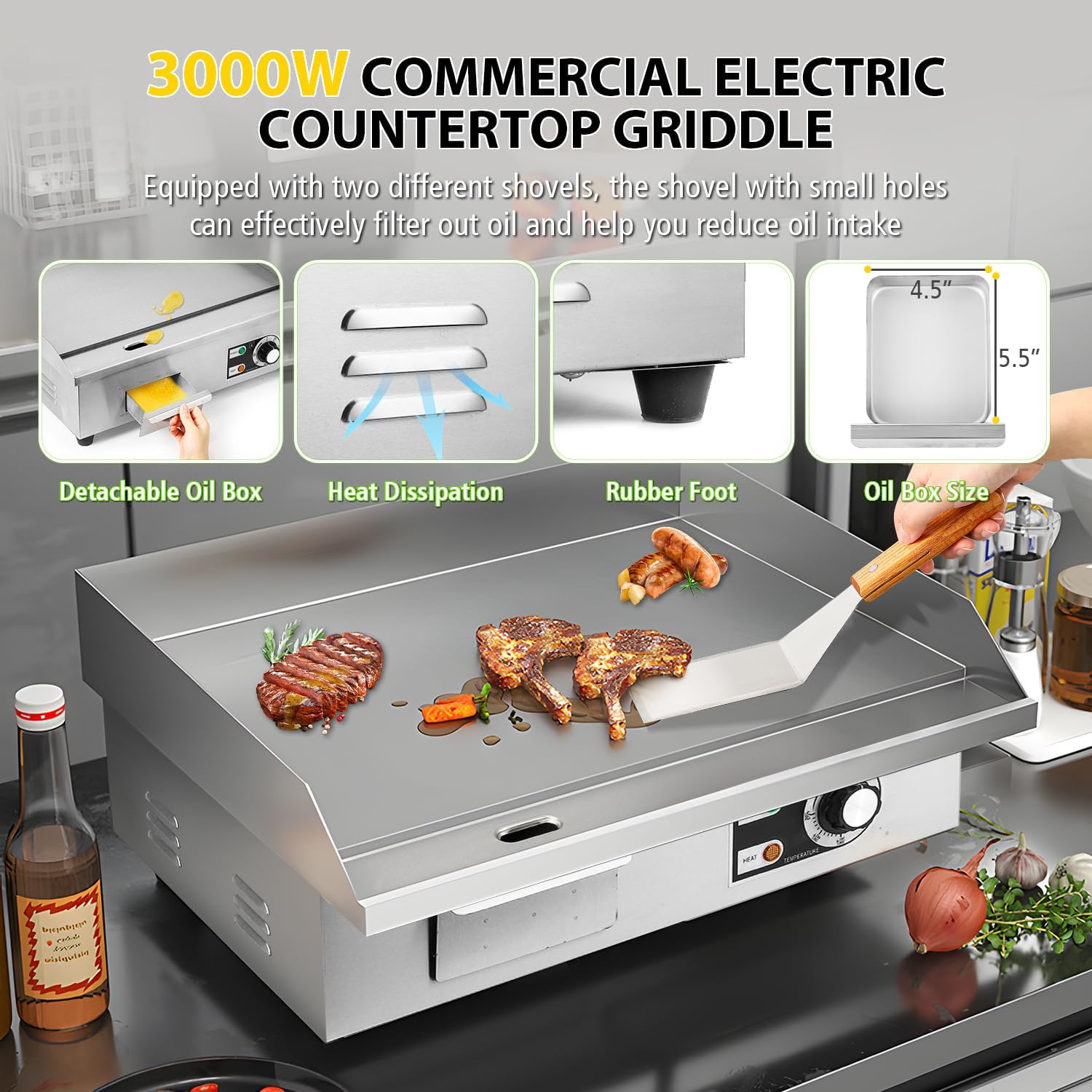 Moongiantgo 22' Kommerzielle Elektrische Grillplatte 3000W, Edelstahl Flachgrill mit abnehmbarer Ölbox & einstellbarer Temperatur (0-300℃), Anti-Haft Teppanyaki Grill für Restaurants, Küchen (22'')