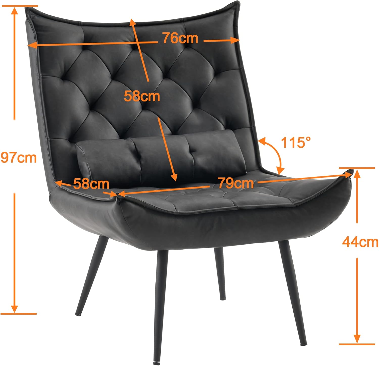 MCombo moderner Sessel Relaxsessel für Wohnzimmer, mit Taillenkissen, Retro Vintage Lesesessel Loungesessel Stuhl Polstersessel, 4779-1 (Dunkelgrau-Kunstleder)