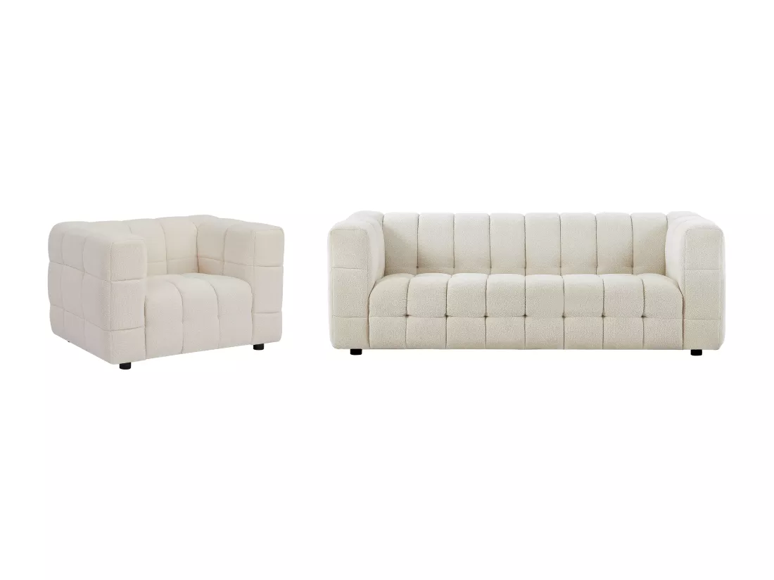 Canapé 3 places et fauteuil en tissu bouclette blanc ivoire LERICI de Pascal Morabito