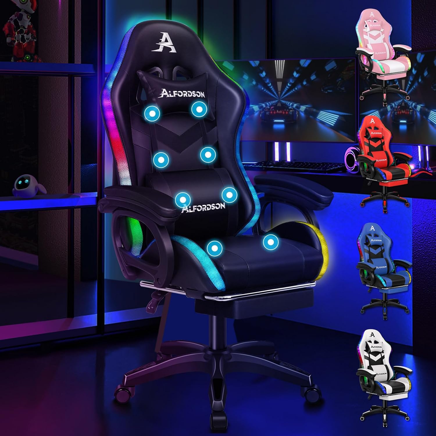 ALFORDSON Gaming Stuhl mit 8-Punkt Massage 12 Farben RGB LED-Licht, Bürostuhl Ergonomisch mit fußstützen, Kopfstütze Lendenkissen für Kinder Erwachsene, Schwarz